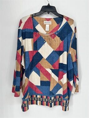 Alfred Dunner Geometric Long Sleeve Top - Blue, Mustard, Red, Cream
